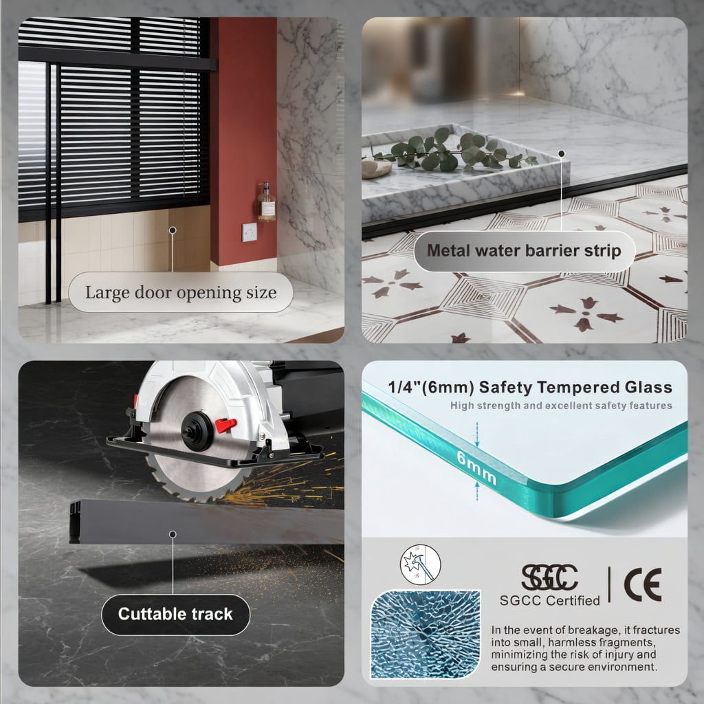 Hommoo 48"W x 72"H Frameless Dual Sliding Shower Door, Soft-Close Buffer Track, Leak-Proof Extended Metal Threshold, Black & Transparent