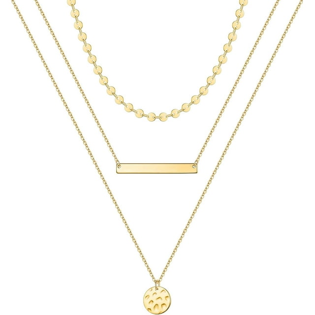 Collares en capas de oro para mujer, chapados en oro de 14 quilates, perlas de barra de revestimiento múltiple, disco, luna, mariposa, medallón, gargantilla ajustable en capas delicadas