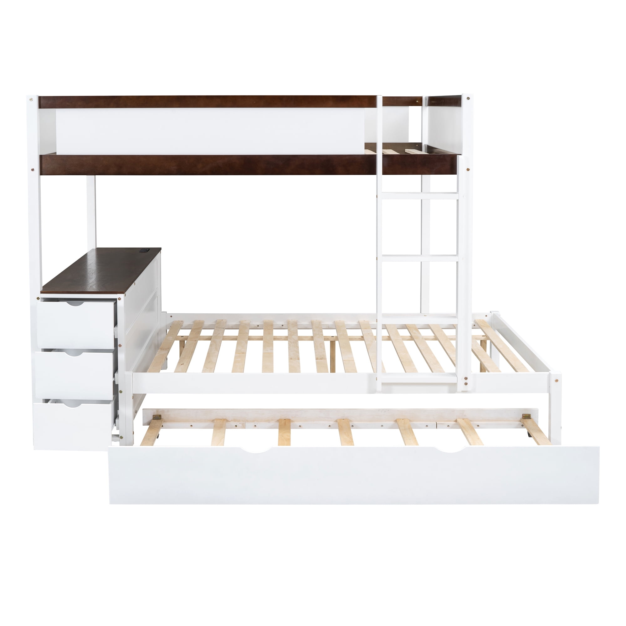 Full-Over-Full Bunk Bed with Twin size Trundle and 3 Storage Drawers, Solid Wood Floor Bunk Bed with Desk, Ladder and Guardrails for Kids Teens Adults