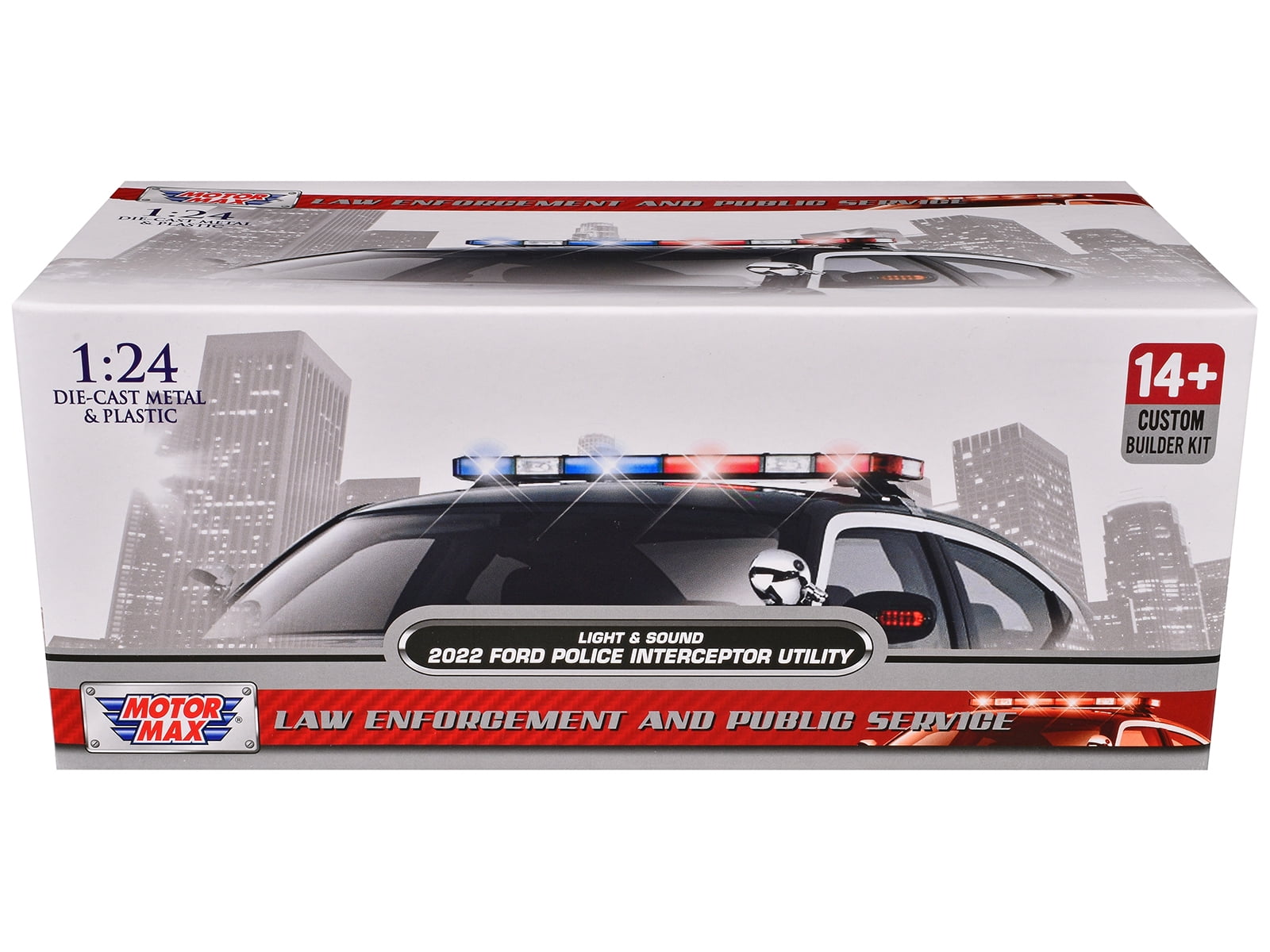 2022 Ford Police Interceptor Utility Black and White "Builders Kit" with Flashing Light Bar and Front and Rear Lights and Sounds 1/24 Diecast Model Car by Motormax