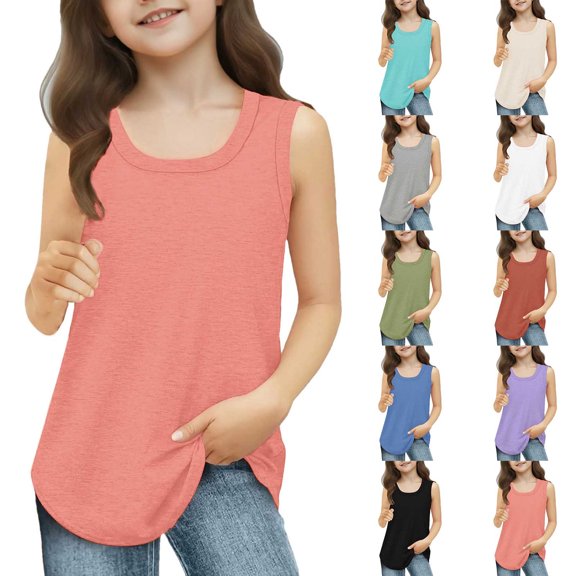 Girls Sleeveless Tank Top Kids Round Neck Flowy Tunic Shirt Casual Loose Fit Summer Vest for Toddler WH1 Size 11-12 Years