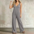thumbnail image 4 of IUYRTFE Women V Neck Cinched Waist Wide Leg Jumpsuit Solid Color Sleeveless Romper for Summer Party Vacation Wear, 4 of 5