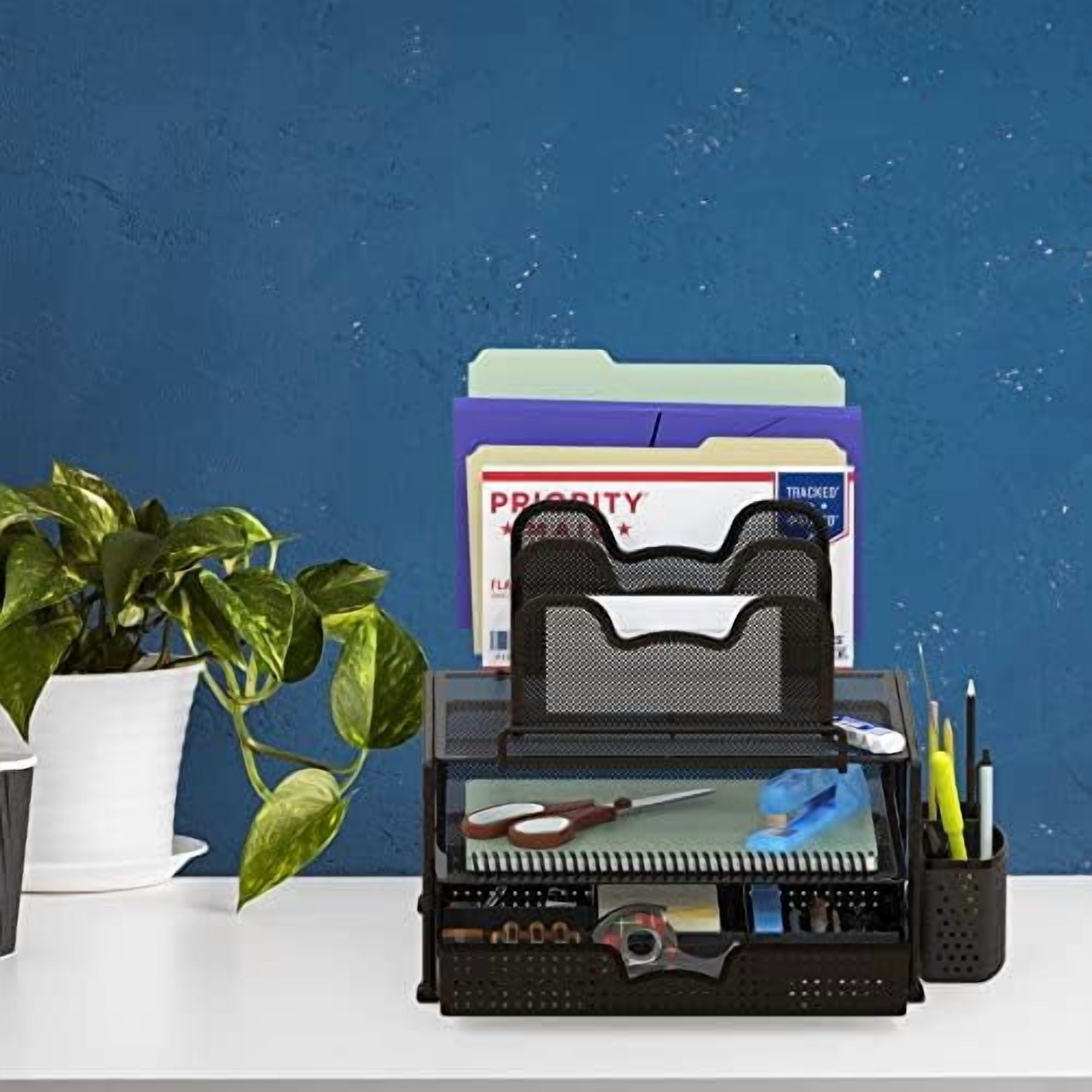 Mesh Desk Organizer with Sliding Drawer, Double Tray and 5 Stacking Sorter Sections, Black