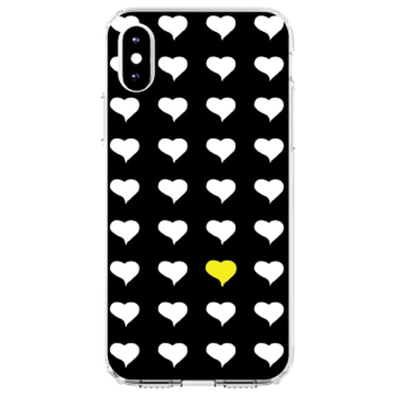 DistinctInk Clear Shockproof Hybrid Case for iPhone XR (6.1" Screen) - TPU Bumper, Acrylic Back, Tempered Glass Screen Protector - Yellow White Black Repeating Hearts