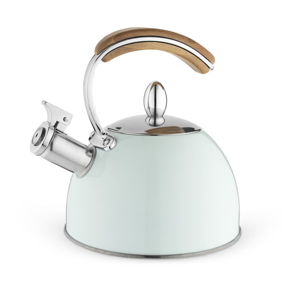 Pinky Up Presley Tea Kettle, Stovetop Stainless Steel Kettle, Whistling, Tea Accessory gifts, Fast Boil Water Kettle, Wooden Handle, 70 oz, Pistachio