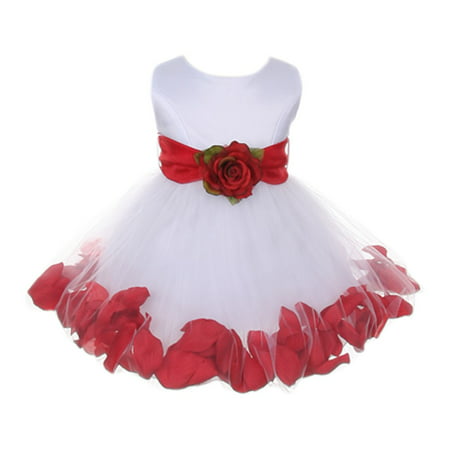 Baby Girls White Red Floral Petals Organza Sash Flower Girl Dress