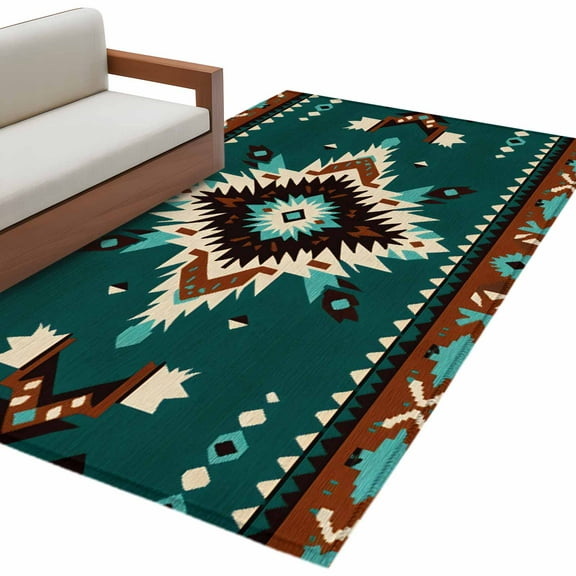 Southwestern Green Area Rug 3x5 FT, Non Slip Entryway Bedside Carpet, Boho Retro Ethnic Geometric Washable Soft Floor Carpet Indoor Mat Non-Shedding Throw Rug for Dorm Kitchen Home Office
