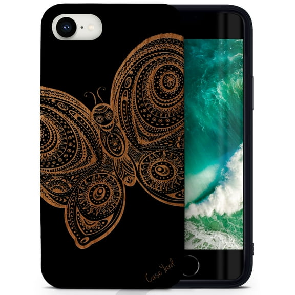 Case Yard Wooden Case for iPhone-SE Soft TPU Silicone cover Slim Fit Shockproof Wood Protective Phone Cover for Girls Boys Men and Women Supports Wireless Charging Butterfly Design