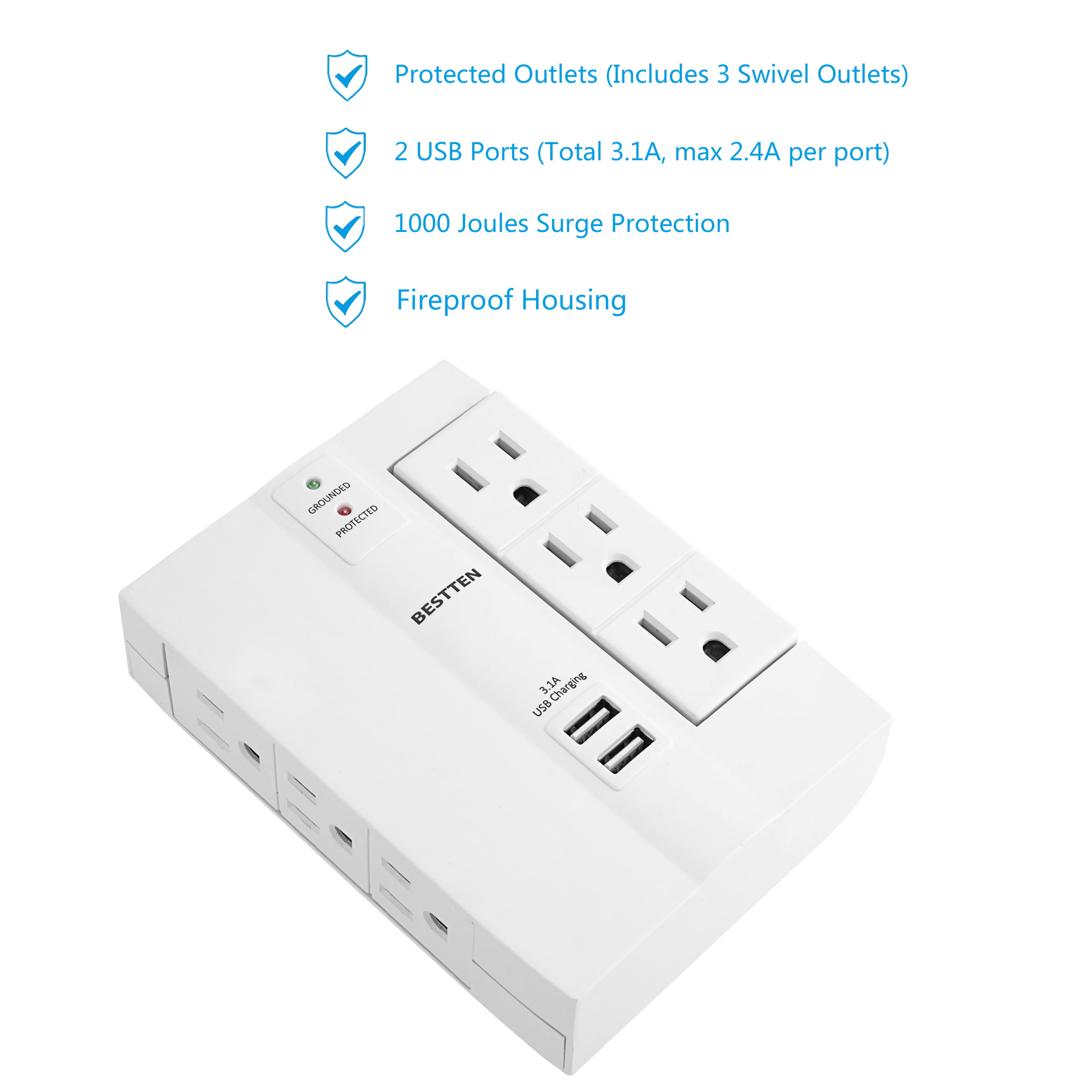 6-Outlet 3 Side Swivel Surge Protector Side Wall Tap Adapter with 2 USB Charger