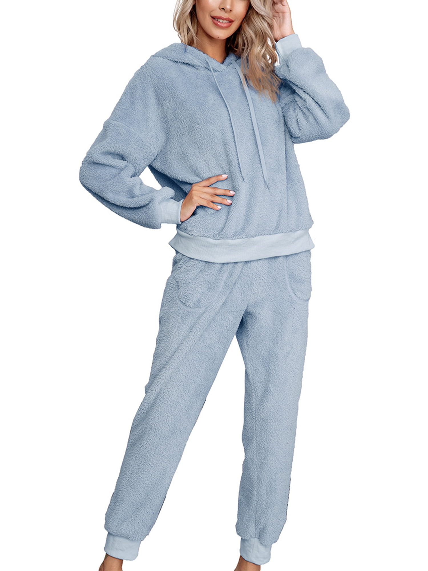 UKAP Womens Warm Sherpa Fleece Pajamas Set Soft Fuzzy Long Sleeve ...