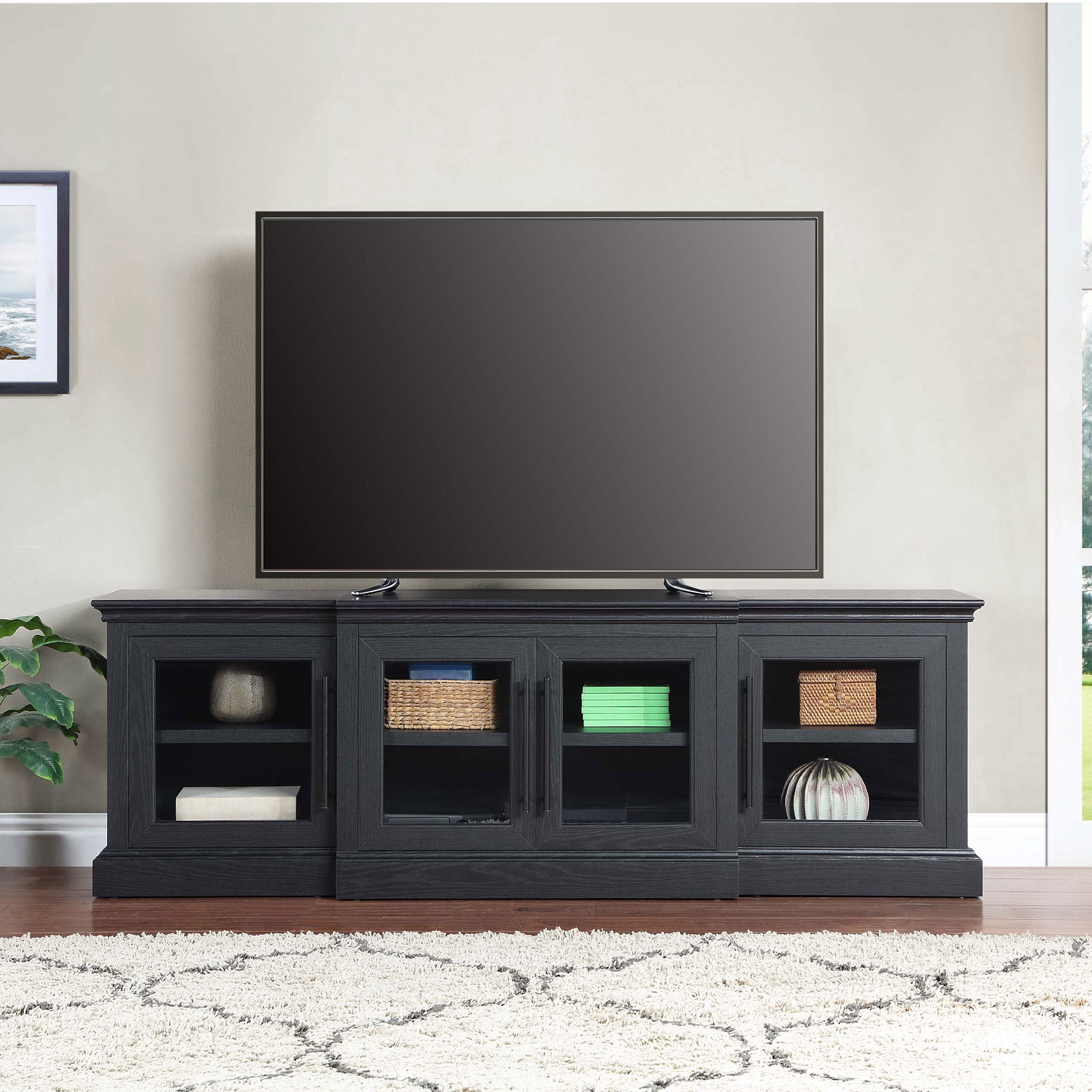 Whalen Rowan Low Profile TV Stand for TVs up to 85", Black Oak Finish