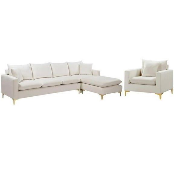 Home Square 2-Piece Set with Velvet Chair and Reversible Sectional in Cream