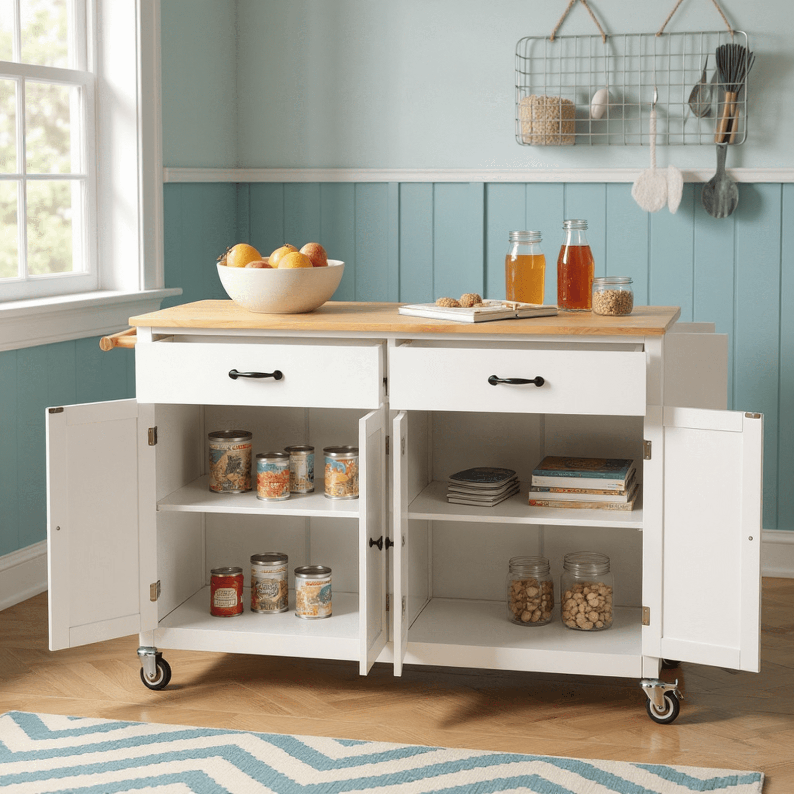 Homy Casa Kitchen Island Cart, with Solid Wood Top , Storage Cabinet, Drawers, Dining Room, White