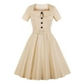 thumbnail image 3 of QLEICOM 1950's Dresses for Women Vintage, Stand Collar Lapel Button Dress, Square Neck Stretch Slim High Waist Swing Dress, Audrey Hepburn Style Party Dresses Beige S, 3 of 4