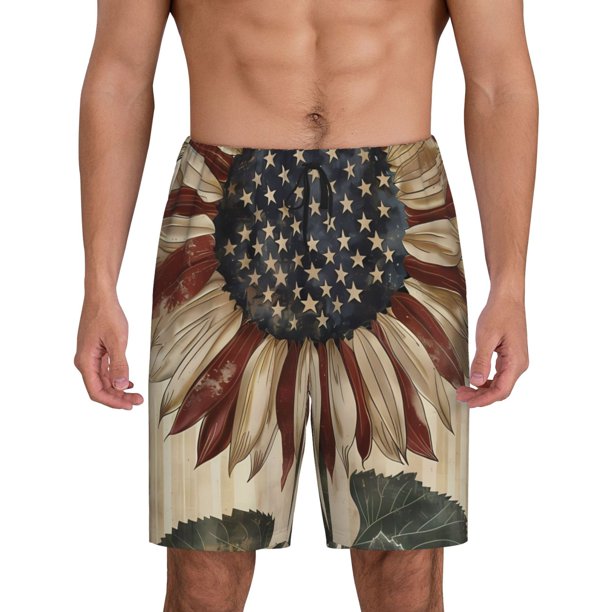 Balery USA Sunflower Flag Pantalones cortos de pijama de punto de algodón para hombre con cinturilla y bolsillos-X-Large