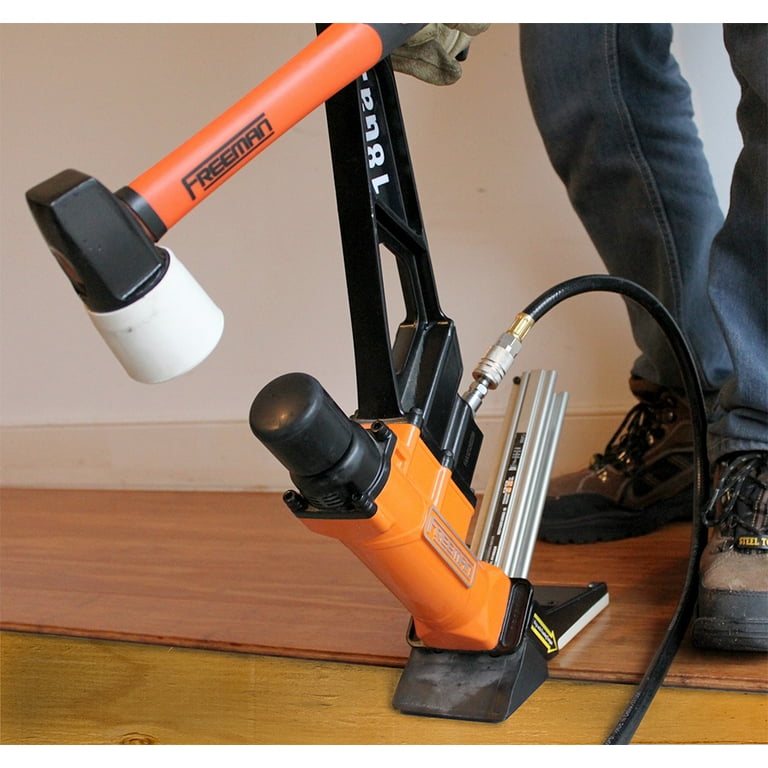 Freeman PF18GLCN Pneumatic 18 Gauge 1 3 4 L Cleat Flooring Nailer with Flooring Mallet and Interchangeable Base Plates Walmart