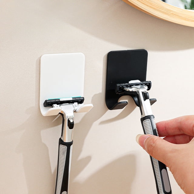 Cagogo 2Pcs Shaving Razor Holder, Punch-Free Adhesive Wall Mount, Double Hook Storage Rack for Bathroom Door and Kitchen Wall, Organizer for Hats Bags Keys, Plastic Space Saver