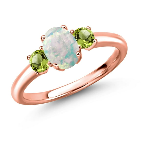Gem Stone King 18K Rose Gold Plated Silver Simulated White Opal and Green Peridot Engagement Ring for Women | 1.41 Cttw | Oval Cabochon 7X5MM | Gemstone October Birthstone | Size 9