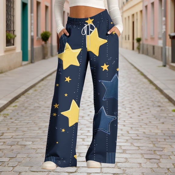 ClodeEU Women's Denim Print Elastic Waist Wide Leg Pants ,Fashion Casual Jeans with Drawstring Yellow,Womens Plus S