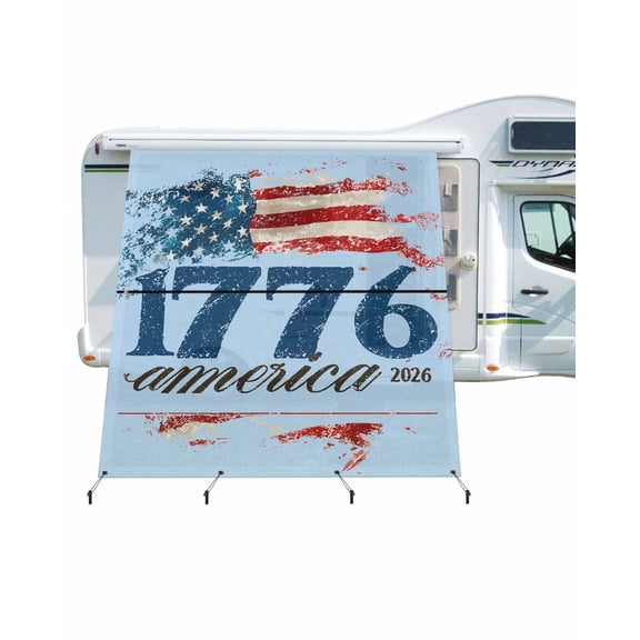 4th of July RV Awning Sun Shade Screen 9'X7' America1776-2026 Mesh Sunscreen Blue Vintage USA Flag Awning Shade Screen with Zipper UV Blocker Completed Kits Outdoor Canopy for RV Motorhome Camper