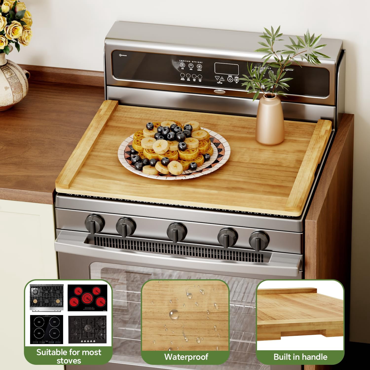 HAIDAIYA Noodle Board Stove Cover, Stove Top Covers for Electric 30"L X 22"W, Stove Top Covers for Gas Burners, Sink Cover for Counter Space, Durable Easy Clean Countertop, Light Wood