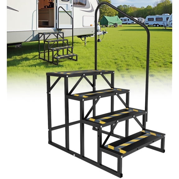 Rv Steps With Handrail Heavy Duty 4 Step Camper Entry Stairs Wide Anti Slip Steps Portable Platform For Travel Trailer Motorhome Mobile Home Porch Hot Tub Outdoor Camping Step Black