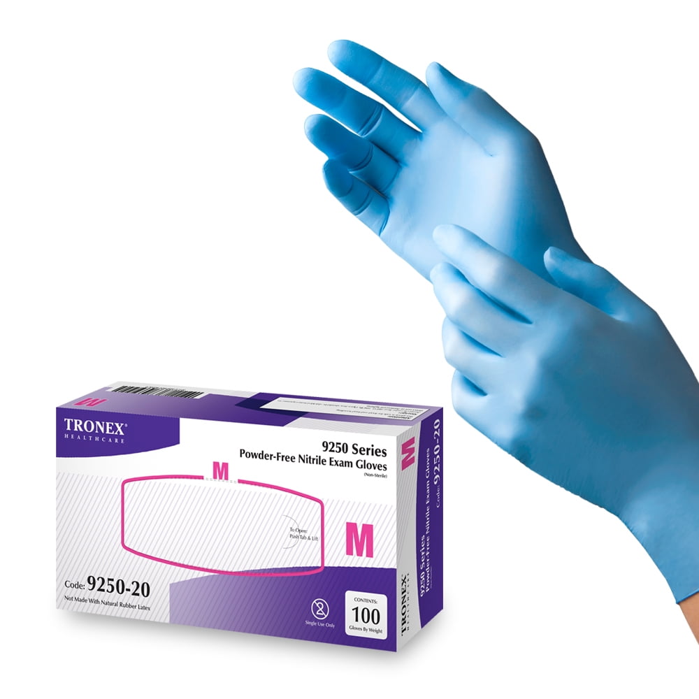 Tronex Nitrile Exam Disposable Gloves, Powder-Free, Finger-Textured, Blue, Medium (Box of 200)