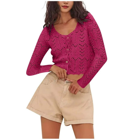 Women's Casual Open Front Cardigans New Womens Long Sleeve Tie Front Cardigan V-Neck Button down Crochet Knit Sweater Lightweight Cropped Outerwear Watermelon Red M
