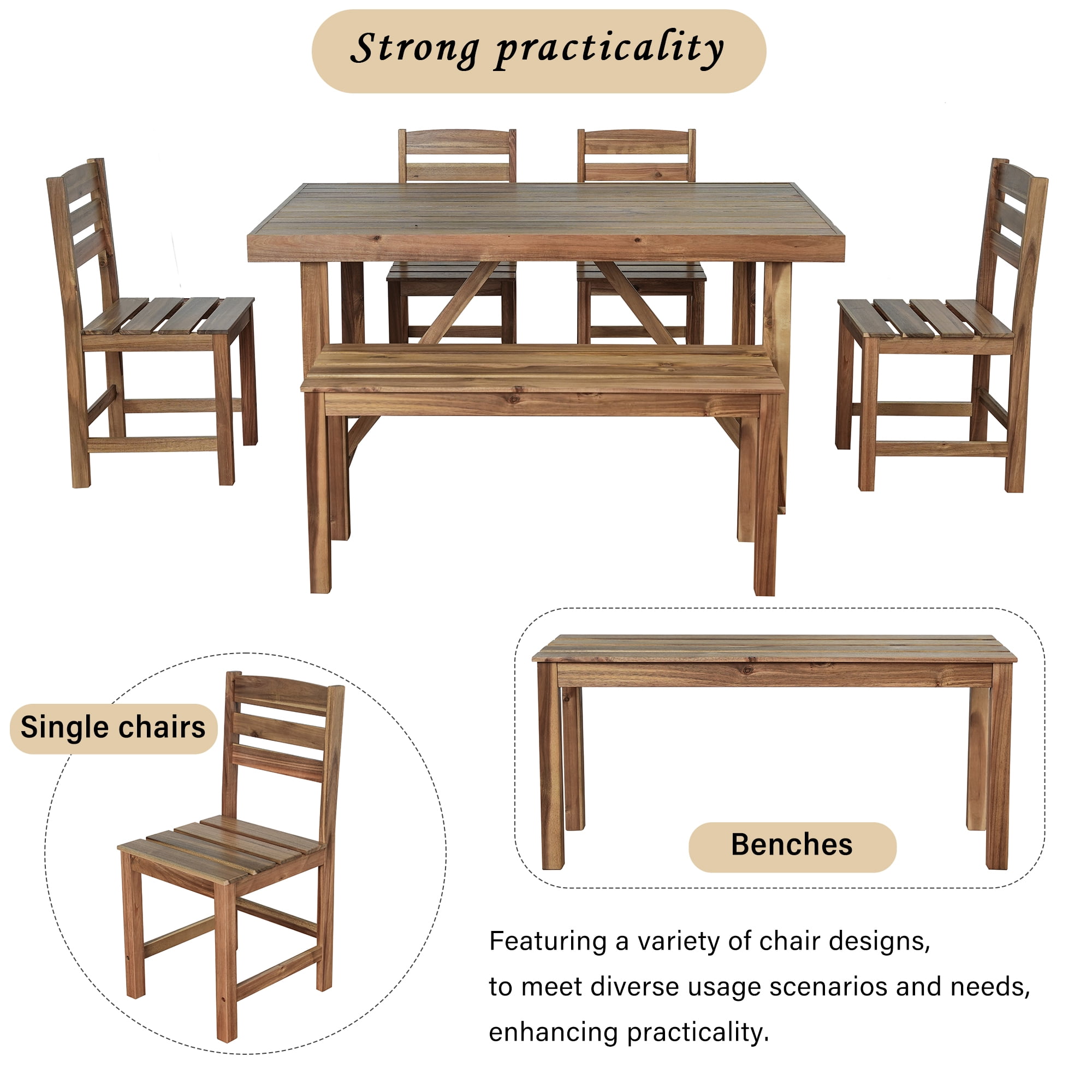 6-Piece Outdoor Acacia Wood Dining Set, Patio Table & Chair Set with Bench, Natural Wood Furniture for Garden, Backyard, Balcony, Poolside