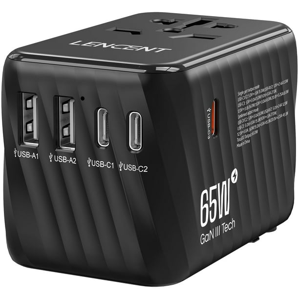 Adaptador de viaje LENCENT, 65 W, GaN3, cargador rápido universal, negro