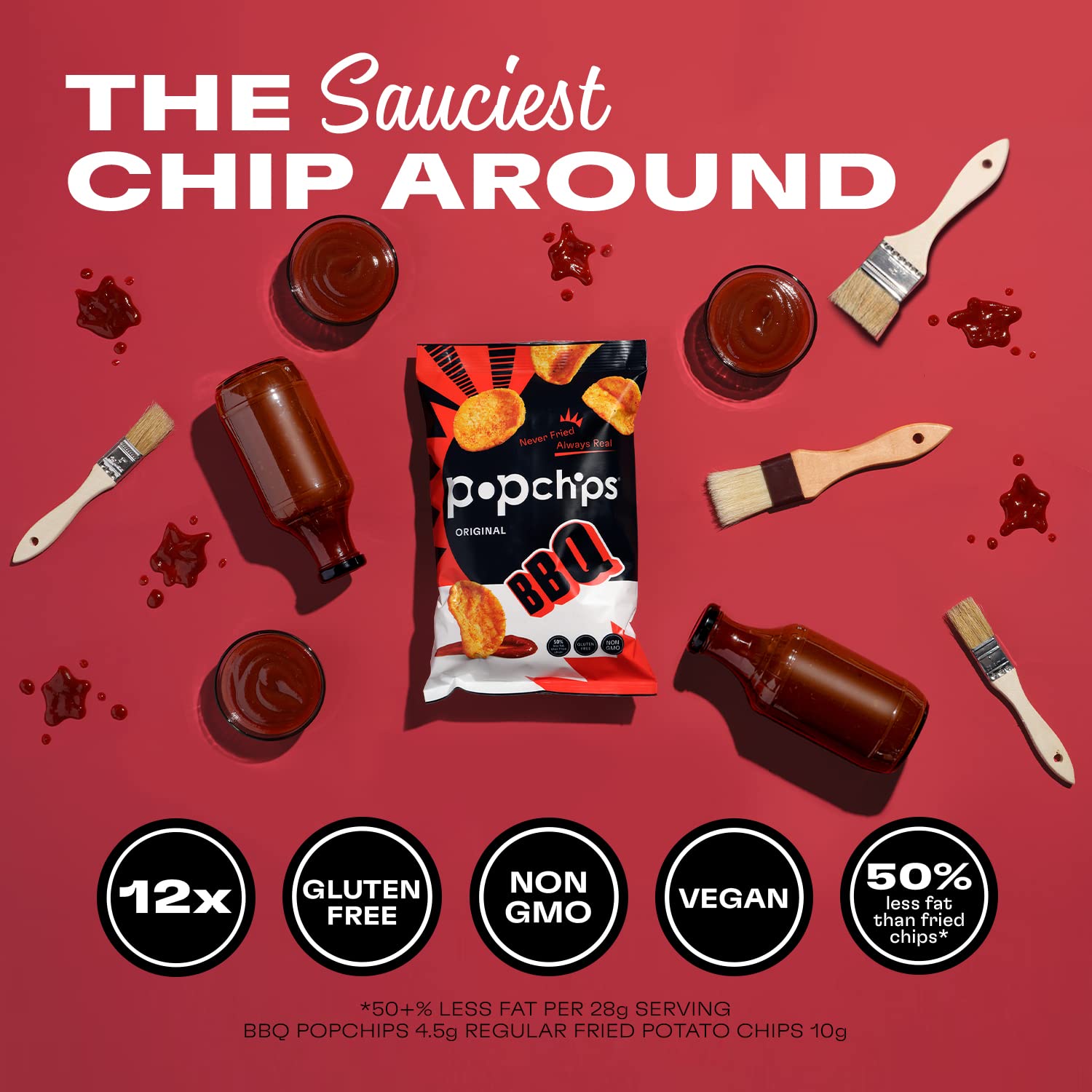 Popchips Potato Chips, BBQ, 12ct Single Serve 0.8oz Bags, Low-Calorie and Gluten Free, Salty Snacks for Adults and Children, Non-GMO, Vegan & Kosher Friendly, 100 Calories Per Bag