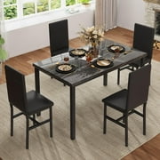 AWQM 5-Peice Dining Table Set, Faux Marble Dining Room Table and Chairs Set, Rectangle Kitchen Table Set with Durable Metal Frame and Upholstered Chairs, for Dining Room, Kitchen, Black