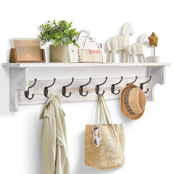 Foreate 35.8'' Rustic Wall Coat Rack with Shelf & 8 Metal Hooks, Hooks Pre-installed, White Wood Coat Hanger for Entryway/Bathroom, New Zealand Pine, 120LBS Capacity, Farmhouse Retro Style