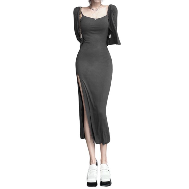 Txlixc Vestido de mujer de moda medio largo con tirantes sin mangas de color sólido y tirantes de hombro delgado Txlixc moda