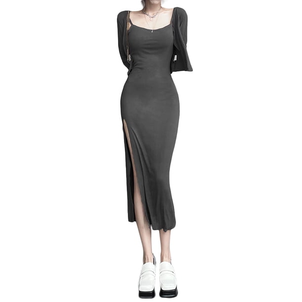Txlixc Vestido de mujer de moda medio largo con tirantes sin mangas de color sólido y tirantes de hombro delgado Txlixc moda