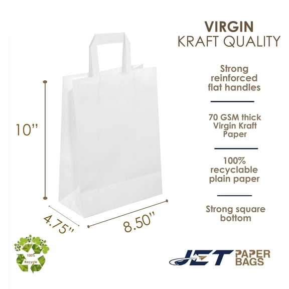 Jet Paper Bags [100 PCS] 8.50" x 4.75" x 10"H White Economic Virgin Kraft Paper Shopping Bags with Flat Handles for Gift, Craft, Wedding, Party Favor, Thank You and More -CARA FLAT-
