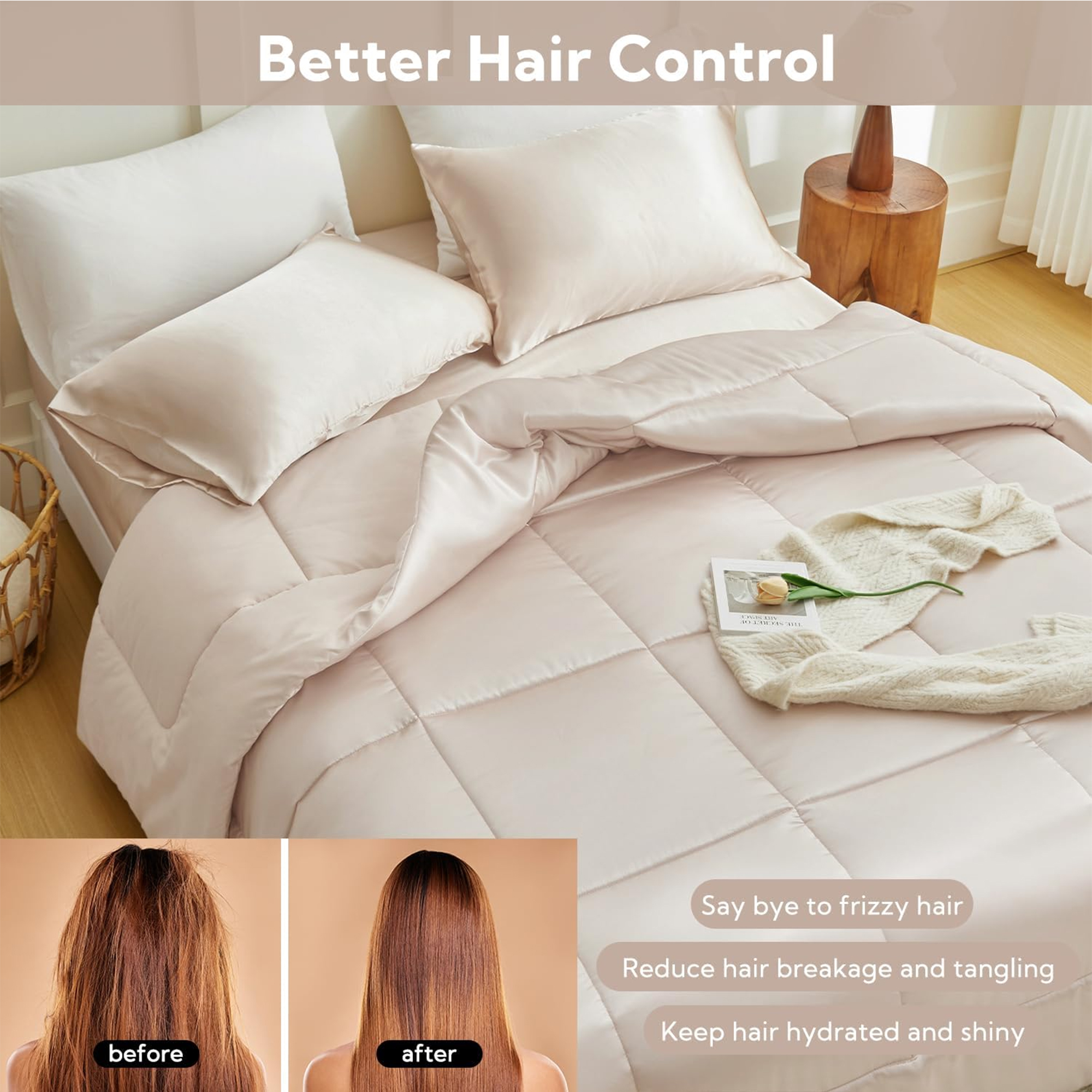 MR&HM Reversible Satin Microfiber Comforter 3 Pieces Full Size, Beige Full Comforter Set for All Seasons, Silky Soft Satin Comforter for Hair and Skin, with Satin Pillowcases Set of 2