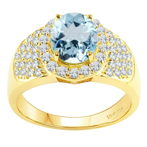 Gold Over Sterling Silver with Natural Aquamarine and White Topaz Halo Ring