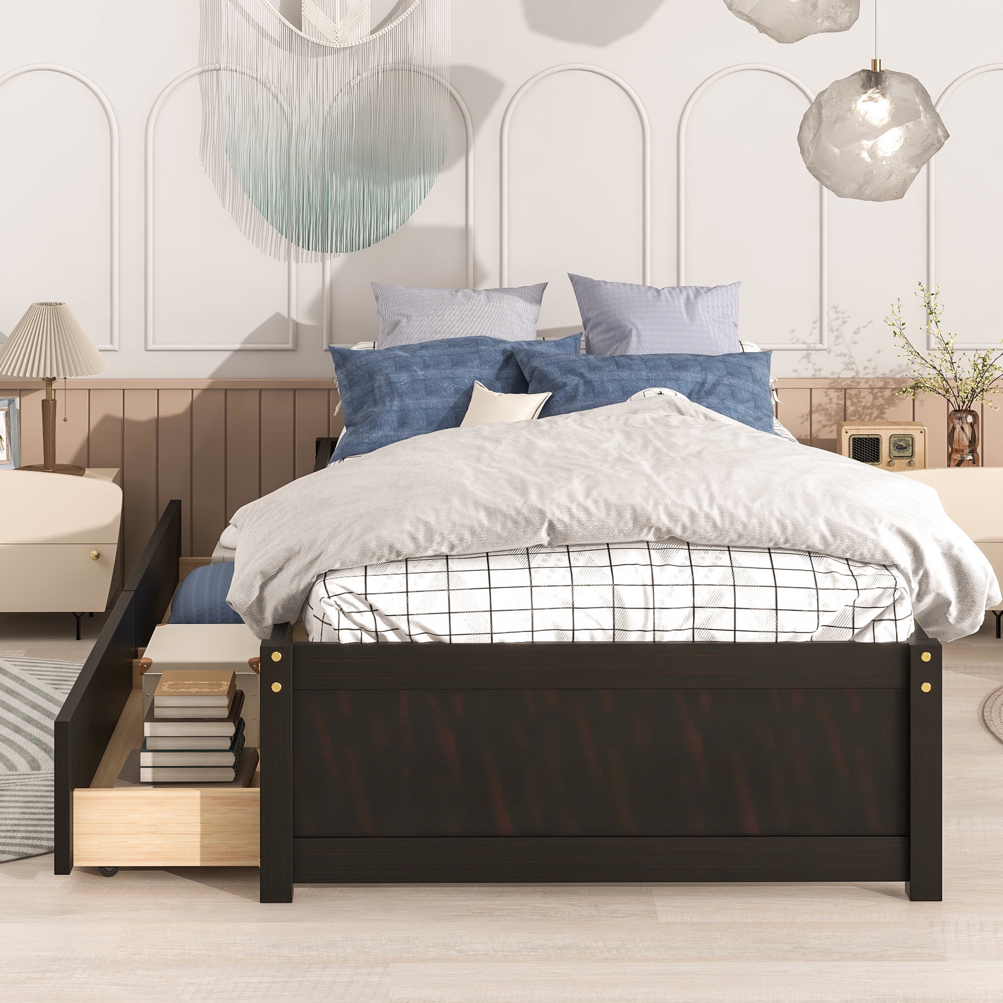 DEALTOPS Twin Bed with 2 Drawers Solid Wood Bed Frame with Storage for Kids Teen Adults, Espresso
