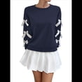 thumbnail image 3 of Blusa de Larga con Lazo Y2K para Mujer - Cuello Redondo Rojo con Lazo Navideño y de Año - Camisa Holgada Extragrande Azul Marino M, 3 of 10
