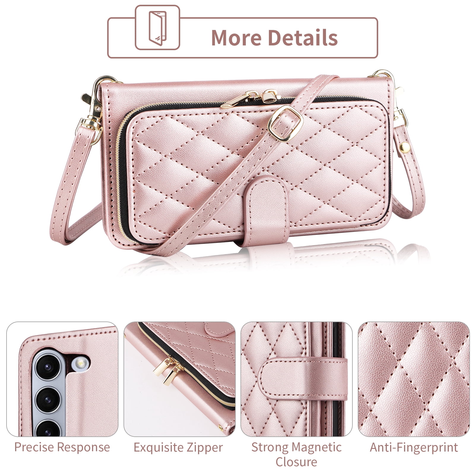 Furiet Argyle Wallet Case for Samsung Galaxy Z Fold 6 5G 2024 with Wrist/Shoulder Strap Card Slot Zipper Purse Luxury PU Leather Stand Cell Phone Cover for ZFold6 Z6 G Fold6 6Z Girls Rose Gold