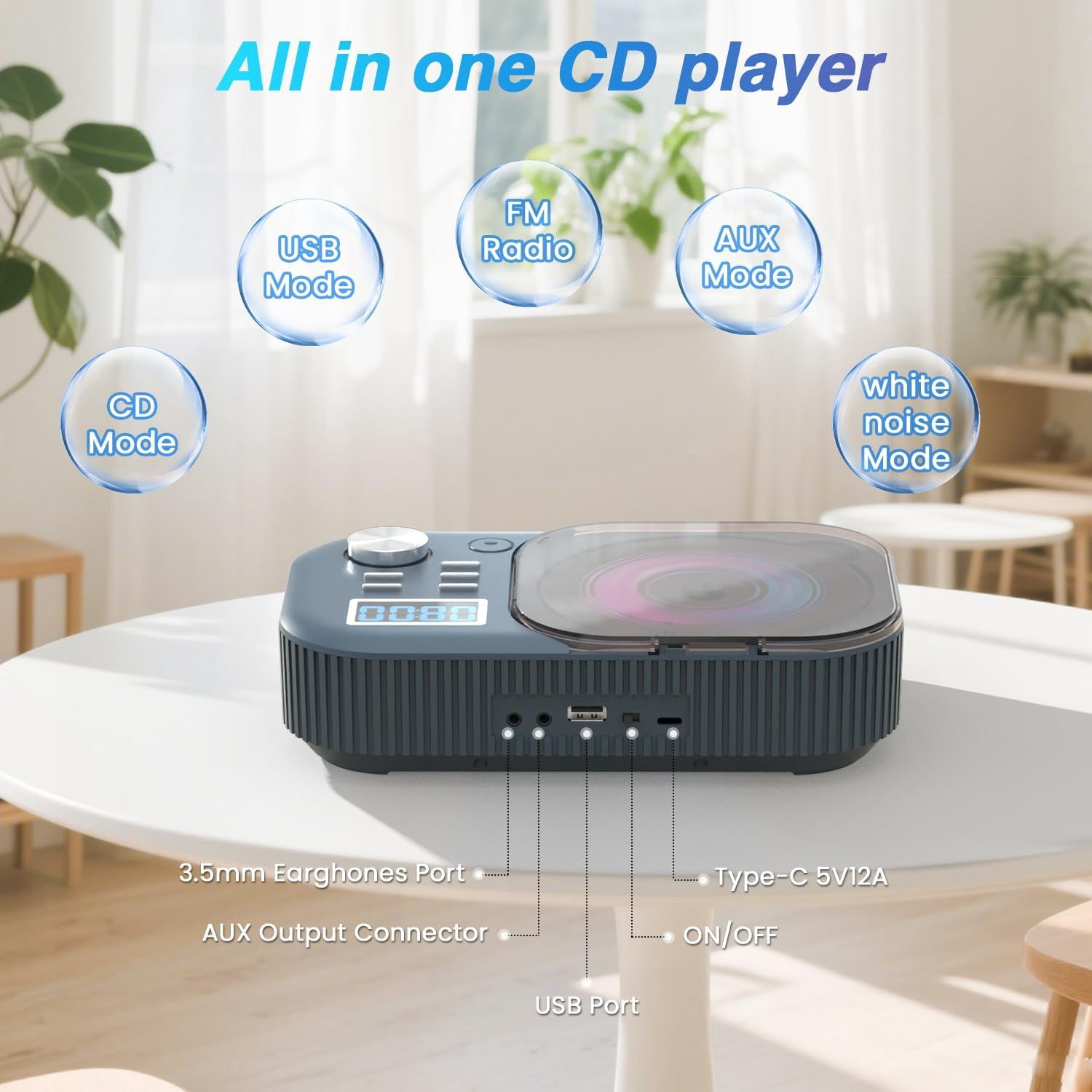CD Player Portable, White Noise Portable CD Player with Bluetooth/Dual Stereo Speakers,Support FM Radio/USB/AUX,Remote Control,4000mAh Rechargeable for Car/Home Navy Blue