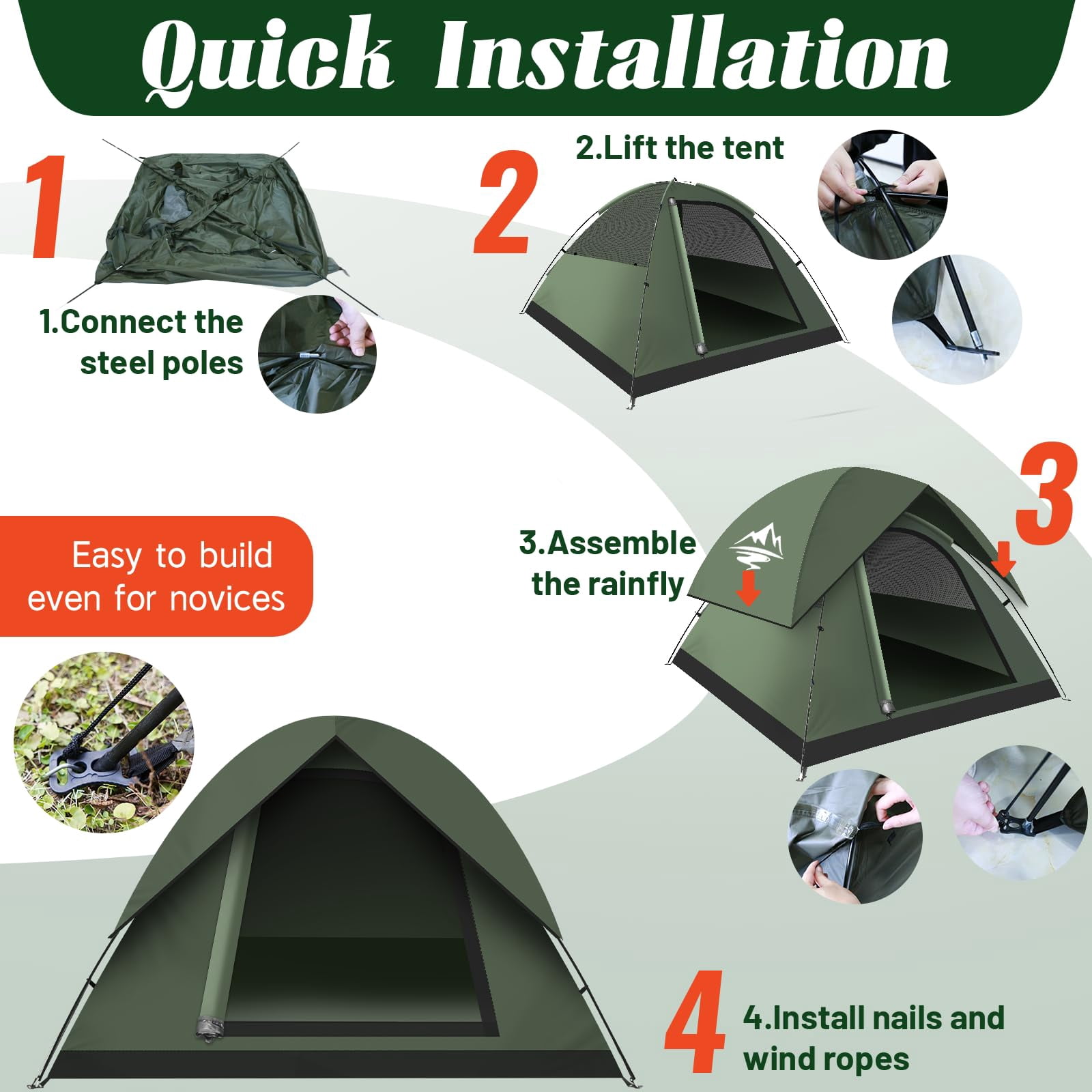 Tents for Camping 2/3/4 Person with Rainfly - Camping Tent Waterproof Windproof, Easy Setup Dome Tent for Hiking & Backpacking