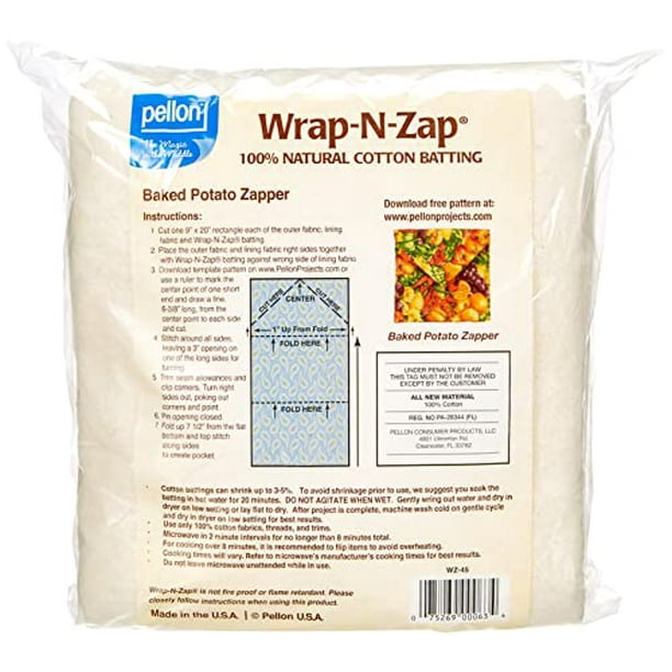 Buy New in Packagepellon 100% Cotton Batting, 1yd X 45in Package, Wrap-n-zap,  Microwavable Project Batting, Pattern for Baked Potato Bag Online in India  