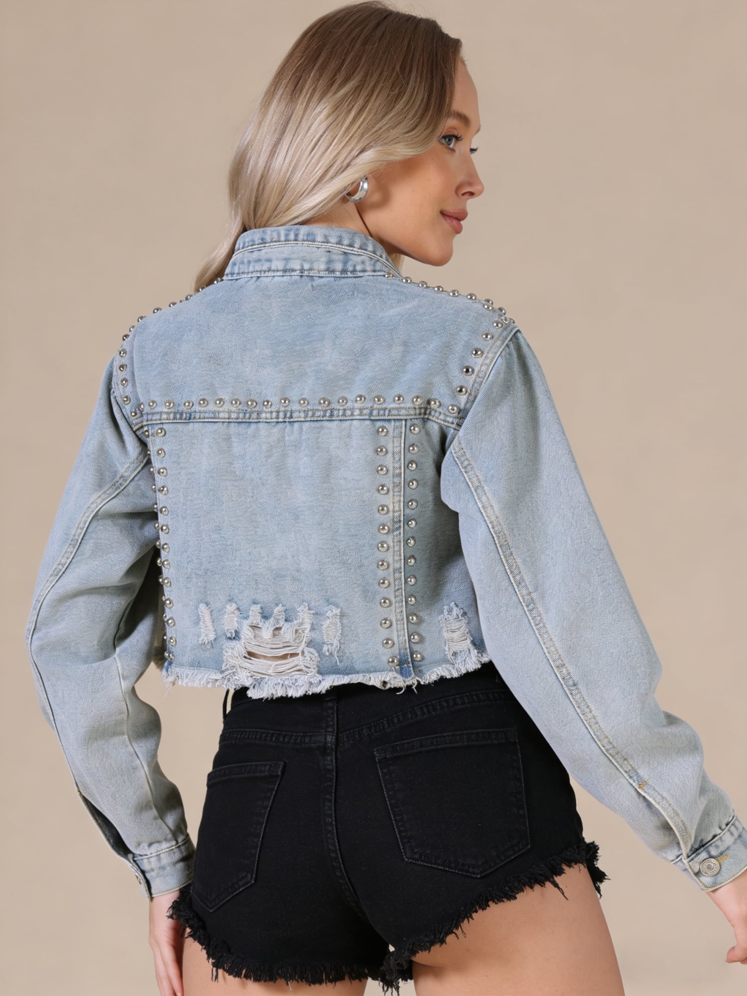 DARING DIVA Women's Rocker Party Rhinestones Denim Jacket S Light Blue