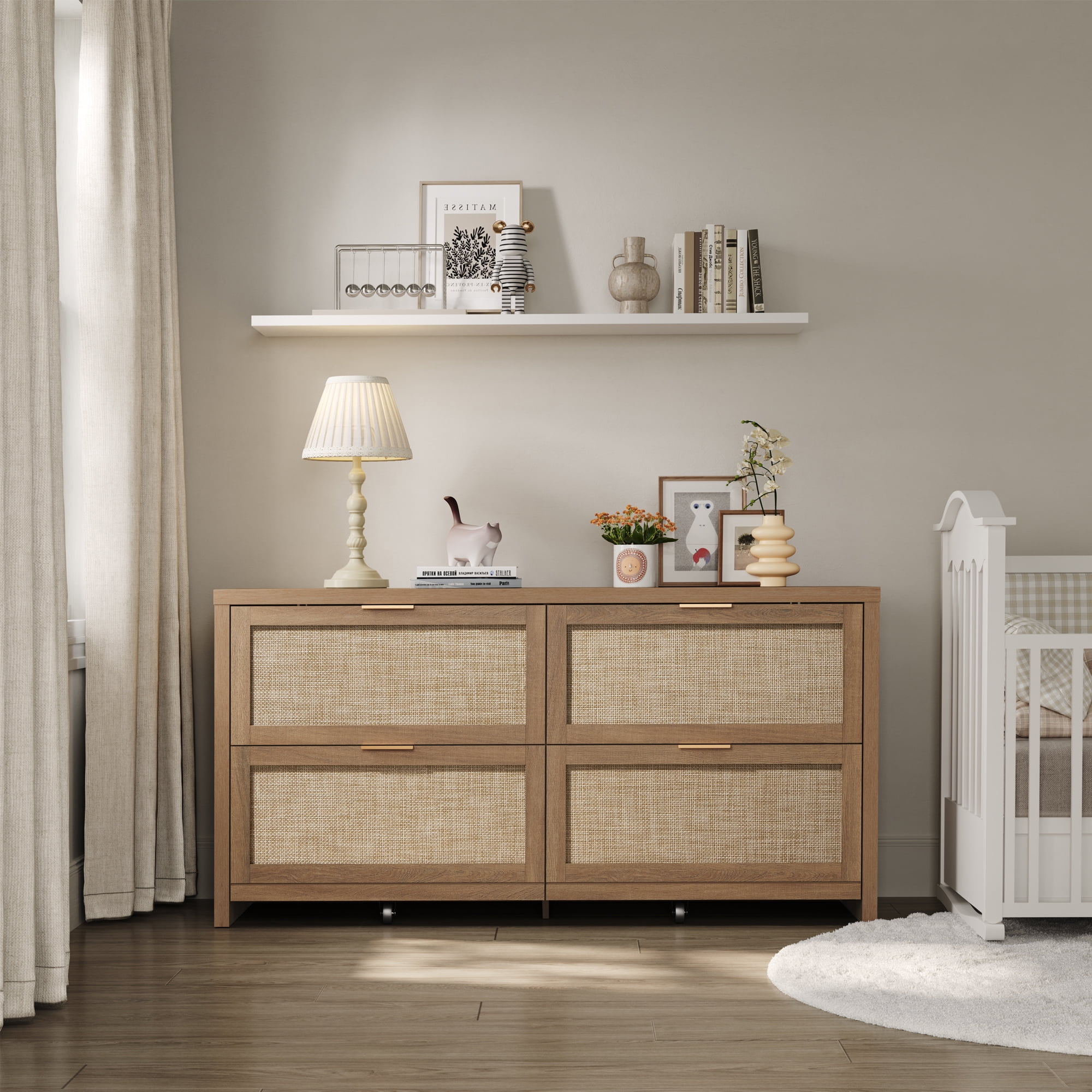 SICOTAS 60.83" Wide Large 4 Drawer Dresser for Bedroom, Oversized Rattan Dressers with Gold Handles & Rolling Wheels, Boho Dresser TV Stand up to 70" TV for Living Room, Oak