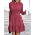thumbnail image 5 of Womens Long Sleeve Fall Dresses with Flowy Casual Ribbed Knit Crew Neck Knee Length Sweater Dress Wine Red L, 5 of 8