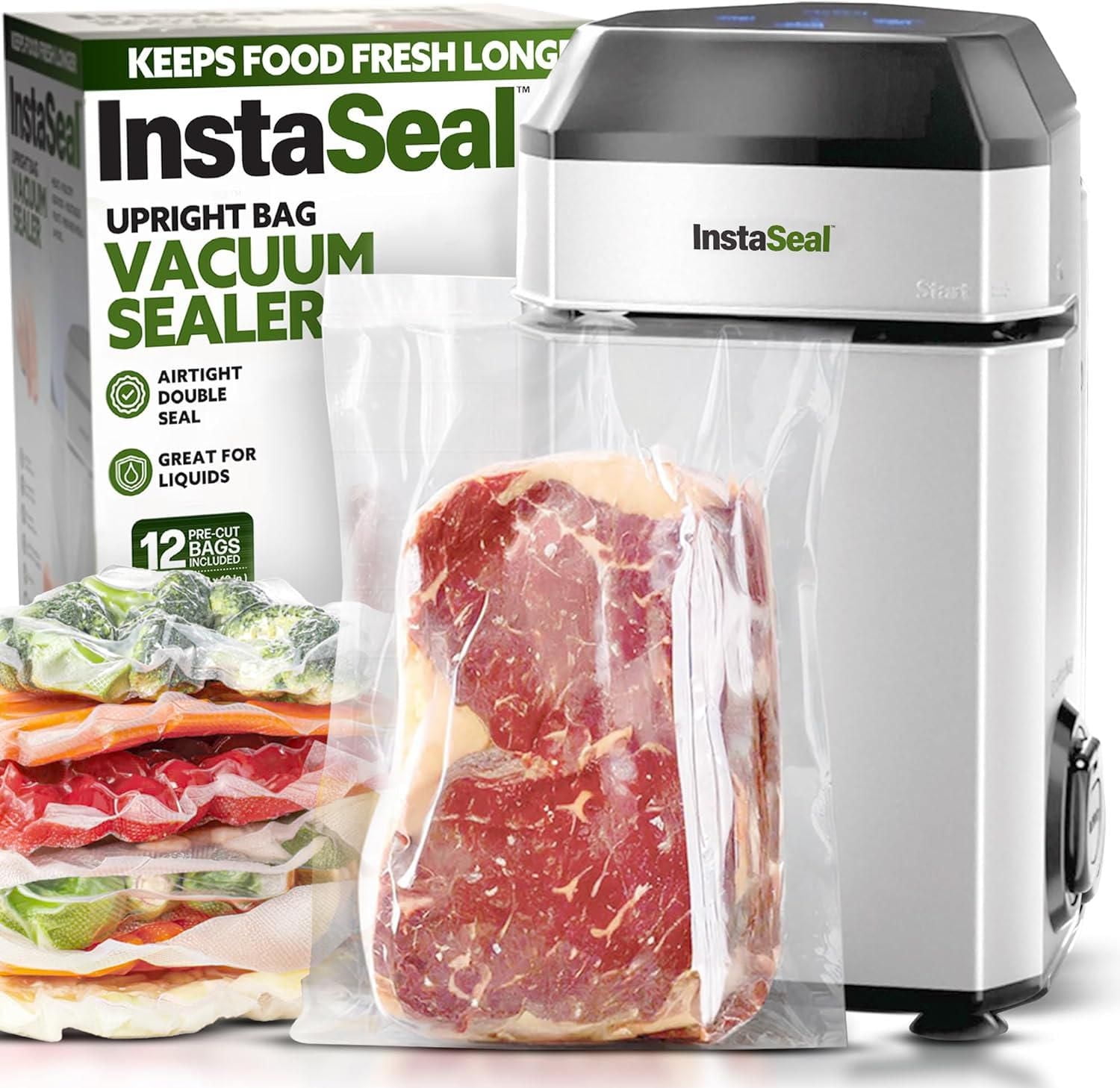InstaSeal Vacuum Sealer Food Saver Bag Sealer Machine With 12 Food Safe Quart Size Storage Bags Upright Suction Base, Vacuum Sealer