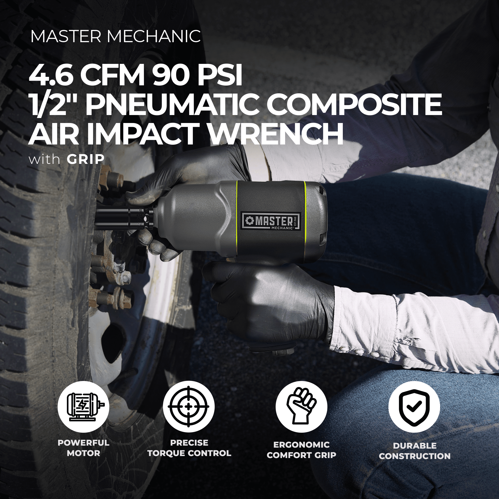 Master Mechanic 4.6 CFM 90 PSI 1/2 Inch Pneumatic Impact Wrench with Grip