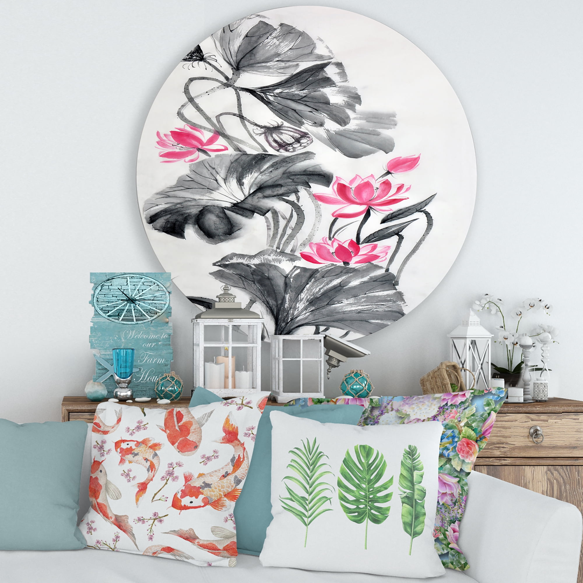 Designart 'Pink Vintage Lotus Flower and Monochrome Leaves' Traditional Circle Metal Wall Art 29x29 - Disc of 29